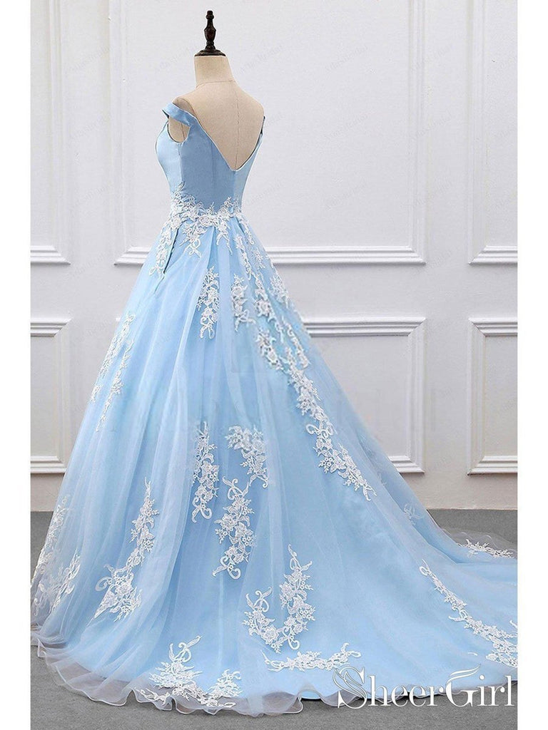 Princess Prom Dresses V-neck Sky Blue Off the Shoulder Quinceanera Dre ...