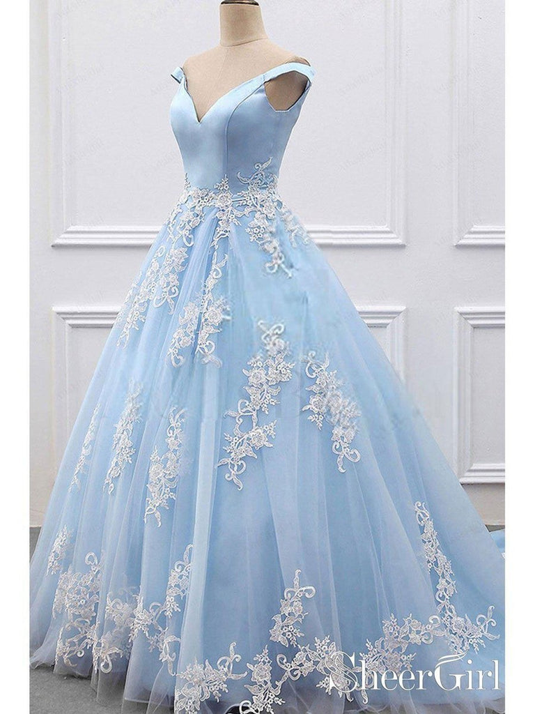 Princess Prom Dresses V-neck Sky Blue Off the Shoulder Quinceanera Dresses APD3008-SheerGirl
