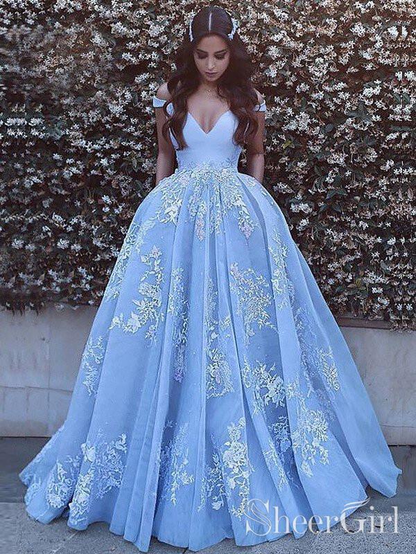 Princess Prom Dresses V-neck Sky Blue Off the Shoulder Quinceanera Dresses APD3008-SheerGirl