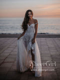 Princess Shimmering Full A-Line Gown with Sleeves Off Shoulder Wedding Dress AWD1776-SheerGirl