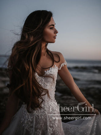 Princess Shimmering Full A-Line Gown with Sleeves Off Shoulder Wedding Dress AWD1776-SheerGirl