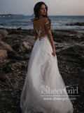 Princess Shimmering Full A-Line Gown with Sleeves Off Shoulder Wedding Dress AWD1776-SheerGirl