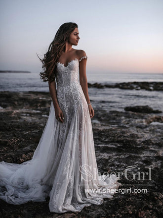 Boho Wedding Dress Bridal Gown V-Neck Backless Lace Applique A Line Sheer  Custom