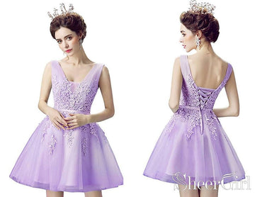 Princess V-neck Blush Pink Hoco Dresses Tulle Lace Appliqued Homecoming Dresses APD2277-SheerGirl