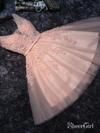 Princess V-neck Blush Pink Hoco Dresses Tulle Lace Appliqued Homecoming Dresses APD2277-SheerGirl
