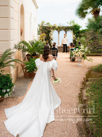 Princess Wedding Dress with Puff Short Sleeves Ball Gown Satin Bridal Dress AWD1844-SheerGirl