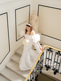 Princess Wedding Dress with Puff Short Sleeves Ball Gown Satin Bridal Dress AWD1844-SheerGirl