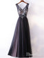 Princess/A-line V-neck Lace Appliqued Simple Long Prom Dresses Evening Gowns APD3007
