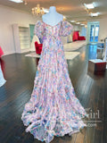 Print Garden Flower Tulle Prom Gown Ruffled Formal Dress Prom Dress with Detachable Sleeves ARD2886-SheerGirl