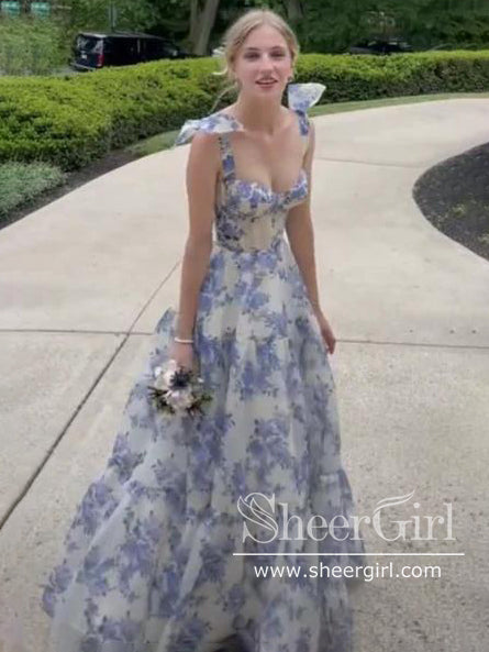 Print Lavender A line Princess Corset Bodice Prom Dresses Long Formal SheerGirl