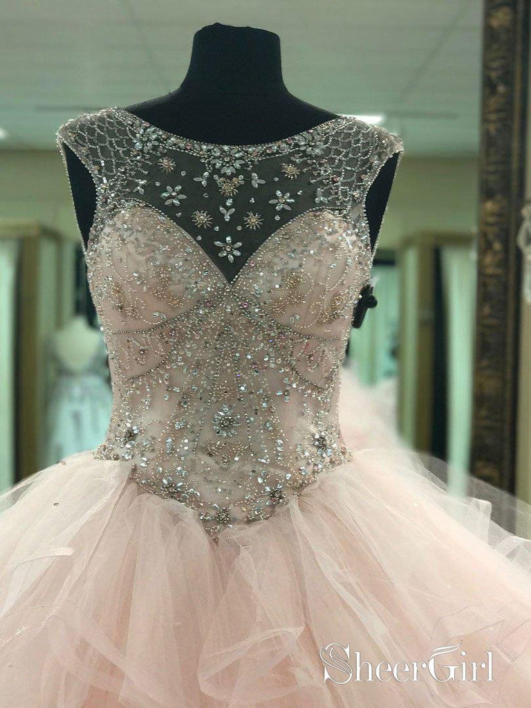 Prom Ball Gown See Through Neck Tulle Light Pink Quinceanera Dresses APD2859-SheerGirl