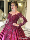 Prom Dress with Long Sleeves and Floral Embroidery Burgundy Colored Court Train ARD2499-SheerGirl