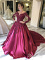 Prom Dress with Long Sleeves and Floral Embroidery Burgundy Colored Court Train ARD2499