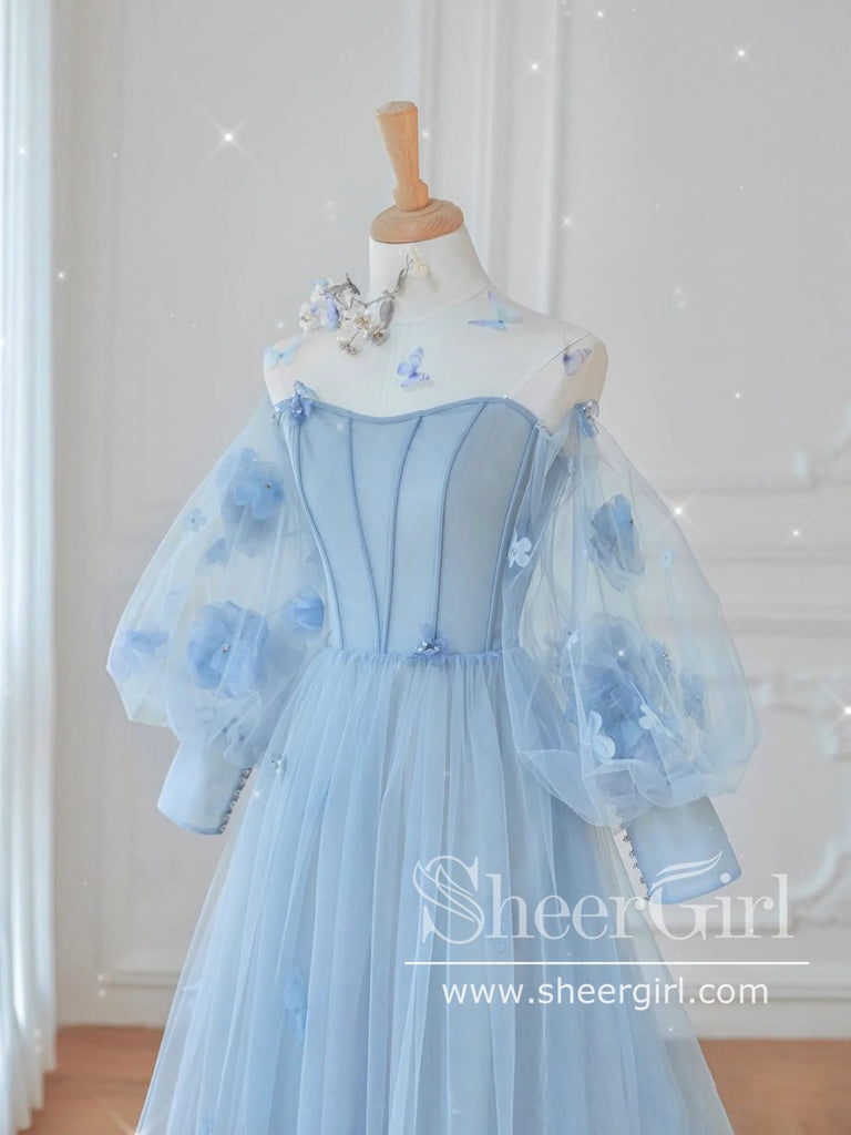 Puff Long Sleeves Corset Bodice A Line Tulle LONG Prom Dress ARD2666-SheerGirl