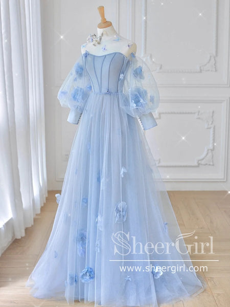 Puff LONG Sleeves Corset Bodice A Line Tulle LONG Prom Dress ARD2666