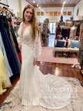 Puff Long Sleeves Keyhole Back Mermaid Boho Lace Wedding Dress AWD1885-SheerGirl