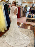 Puff Long Sleeves Keyhole Back Mermaid Boho Lace Wedding Dress AWD1885-SheerGirl