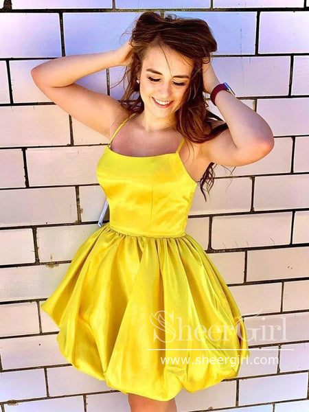yellow satin hoco dress Honey Contrast Mini - US 14 Emerald Length Yellow A Line Straps Satin