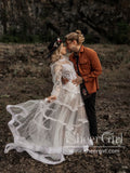 Puff Sleeves Bohemian Rustic Wedding Gown See Through Ivory Lace Boho Wedding Dresses AWD1938-SheerGirl