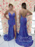 Purple Glitter Spaghetti Strap Sparkly Prom Dresses with Slit Sheath Formal Dress ARD2924-SheerGirl