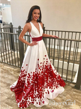 Red Beaded Floal Printed Long Prom Dresses with Deep V-Neck Formal Dress Plus Size APD3326-SheerGirl
