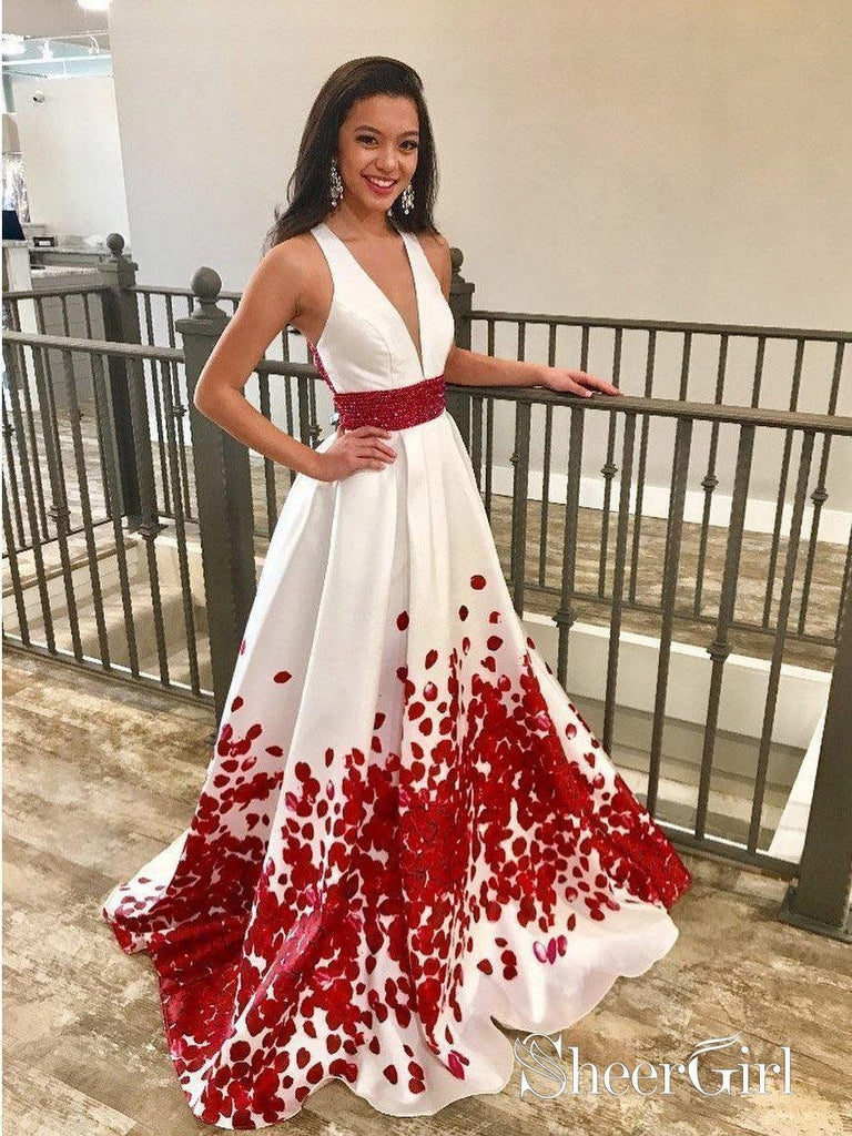 Red Floral Printed Beaded Prom Dresses Plus Size