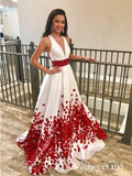 Red Beaded Floal Printed Long Prom Dresses with Deep V-Neck Formal Dress Plus Size APD3326-SheerGirl
