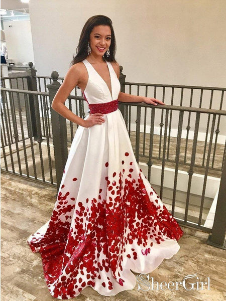Red Beaded Floal Printed Long Prom Dresses with Deep V-Neck Formal Dress Plus Size APD3326 Red Beaded Floal Printed Long Prom Dresses with Deep V-Neck Formal Dress Plus Size APD3326