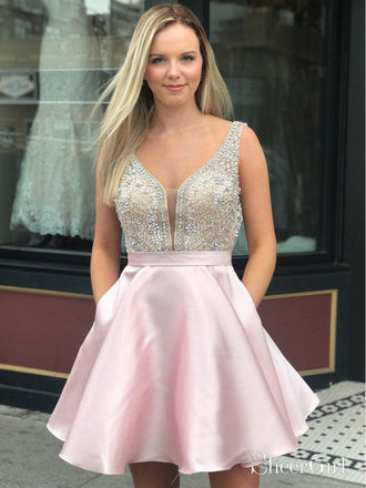 Red Beaded Satin Homecoming Dresses with Pocket Backless Mini Hoco Dress ARD1791-SheerGirl