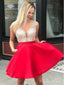 Red Beaded Satin Homecoming Dresses with Pocket Backless Mini Hoco Dress ARD1791