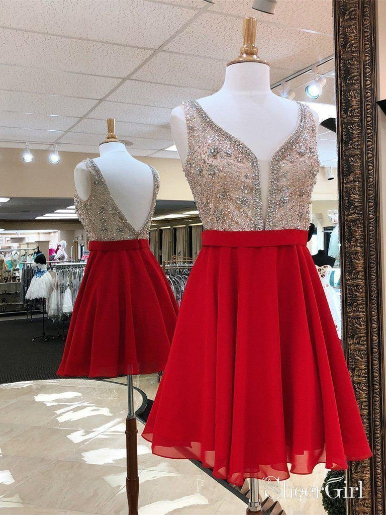 Red Beaded Homecoming Dresses V Neck Backless Short Prom Dress –