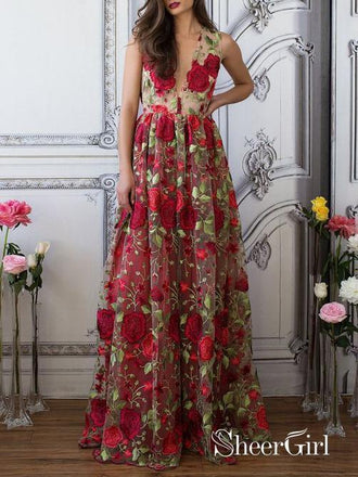Red Floral Prom Dresses Embroidery See Through Elegant Formal Dresses ARD1338-SheerGirl