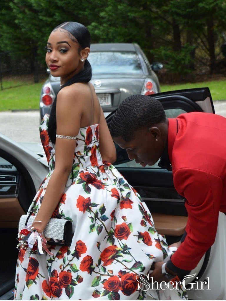 Red Floral Prom Dresses Satin Strapless Plus Size Long Prom Dresses Ch SheerGirl Red Floral Prom Dresses Satin Strapless Plus Size Long Prom Dresses Ch SheerGirl