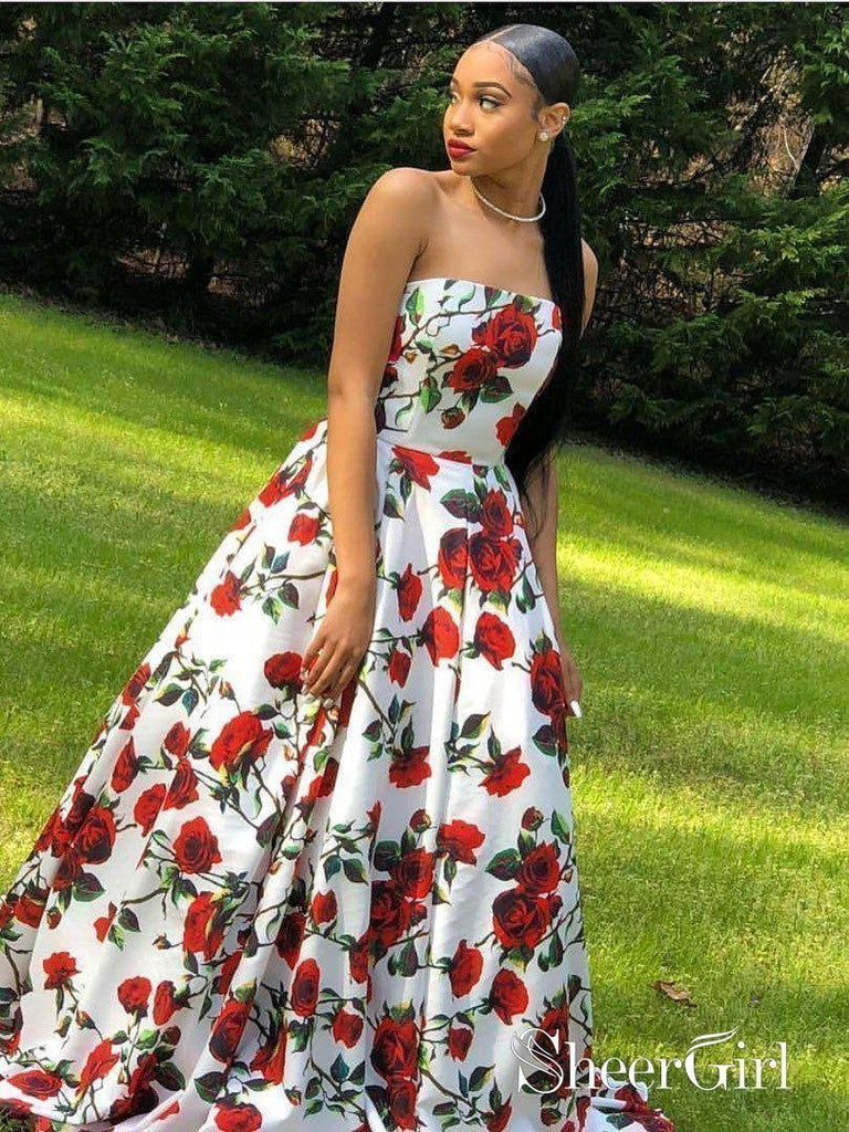 Red Floral Prom Dresses Satin Strapless Plus Size Long Prom Dresses Cheap APD3448 Red Floral Prom Dresses Satin Strapless Plus Size Long Prom Dresses Cheap APD3448