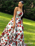 Red Floral Prom Dresses Satin Strapless Plus Size Long Prom Dresses Cheap APD3448-SheerGirl