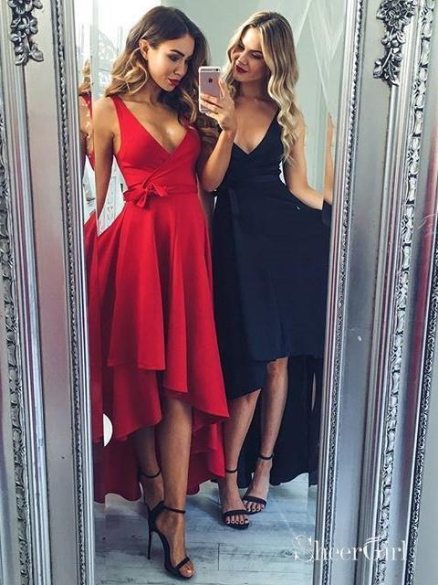 Red High Low Prom Dresses with Sash Sleeveless V Neck Cheap Formal Dresses ARD1511-SheerGirl