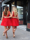 Red Lace Applique Homecoming Dresses V Neck Tulle Short Prom Dress ARD1473-SheerGirl