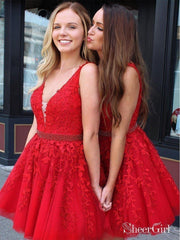 red homecoming dresses windsor Lace Applique V Neck Tulle Short Prom Dress ARD1473 Marinna Halter Ruffle Mini Natural 7 Matching_Dresses Size:XXS | in stock