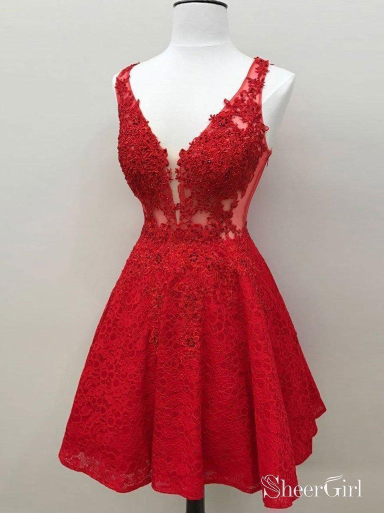 Red Lace Beaded Homecoming Dresses V Neck Short A Line Skater Hoco Dress APD3483-SheerGirl