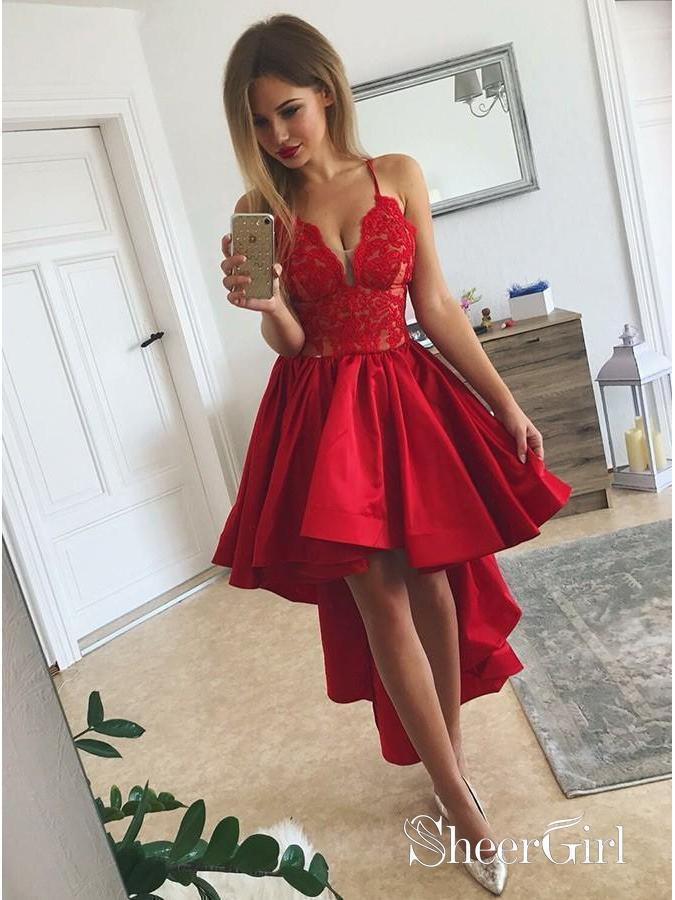 Red Lace High Low Homecoming Dresses Spaghetti Strap Satin Prom Dress ARD1747-SheerGirl