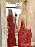 Red Mermaid Lace Prom Dresses High Neck Trumpet Formal Evening Dress APD3359-SheerGirl
