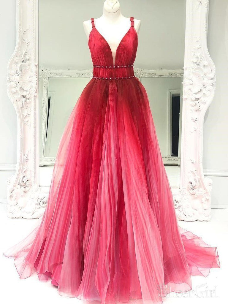 Red Ombre Prom Dresses V Neck Long Tulle Prom Dress for Junior ARD2137-SheerGirl