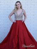Red Prom Dresses Long Beaded Ball Gowns Sleeveless V Neck Quinceanera Dress APD3267-SheerGirl