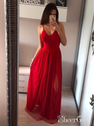 Red See Through Long Prom Dresses Silver Simple Tulle Prom Dress with Slit ARD1739-SheerGirl