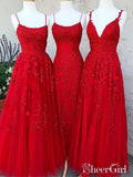 Red Spaghetti Back Crossed Straps Lace Appliqued A Line Long Prom Dress ARD2492-SheerGirl