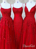 Red Spaghetti Back Crossed Straps Lace Appliqued A Line Long Prom Dress ARD2492-SheerGirl