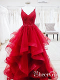 Red Spaghetti Straps Appliqued Bodice Party Dress Multi-Layered A Line Prom Dress ARD2542-SheerGirl