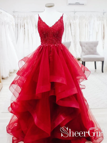 red dress layered Spaghetti Straps Appliqued Bodice Party Multi-Layered A Line Prom Dress ARD2542 Emerald Sundae Von Maur Black Sizes RA130 Size 0-28:28