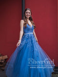 Regency Blue Appliqued V Neckline Rhinestone Sash Ball Gown Long Prom Dress ARD2872-SheerGirl