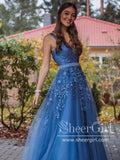 Regency Blue Appliqued V Neckline Rhinestone Sash Ball Gown Long Prom Dress ARD2872-SheerGirl